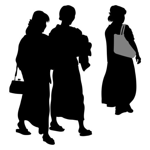 穿着民族服装的日本妇女的剪影。三个日本女孩在散步图片下载