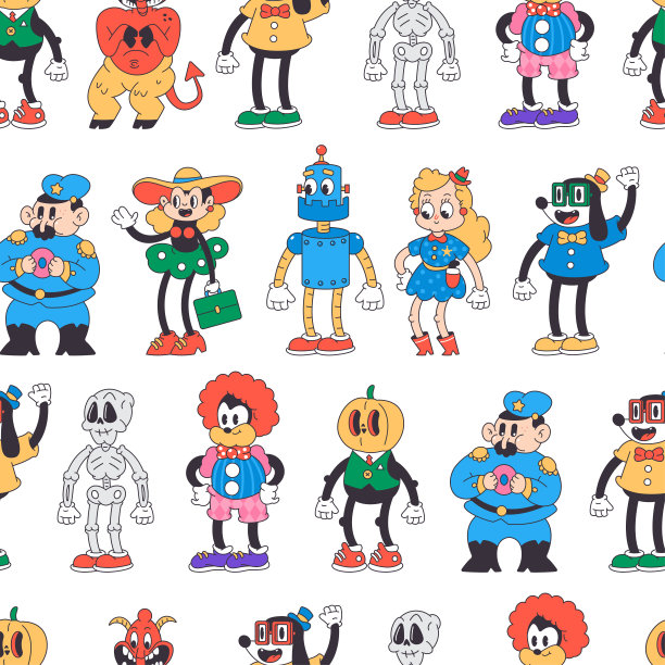 可爱的卡通复古人物矢量无缝图案背景壁纸，包装，包装和背景。图片下载