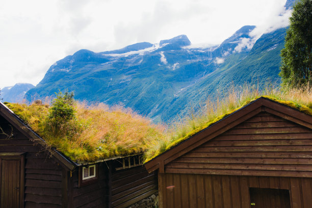 古老的夏季景观的维京房屋与草的屋顶上的山图片下载