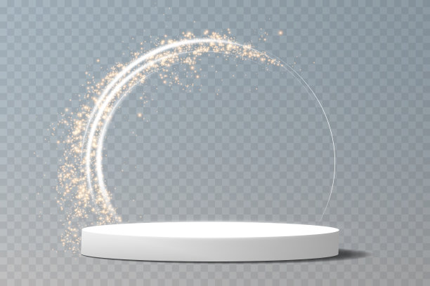 透明背景上的灯光t台，聚光灯下的白色霓虹灯，空荡荡的舞台和飘着烟雾的工作室。用于产品演示。图片下载