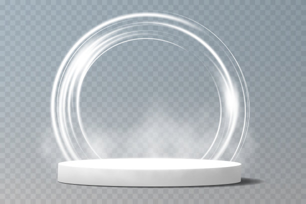 透明背景上的灯光t台，聚光灯下的白色霓虹灯，空荡荡的舞台和飘着烟雾的工作室。用于产品演示。图片下载