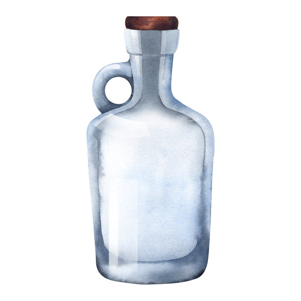 水彩玻璃瓶上的白色背景。插图是手绘的。透明容器、容器、花瓶。葡萄酒，杜松子酒，威士忌，私酿烈酒，香槟，海。为设计师隔离。图片下载