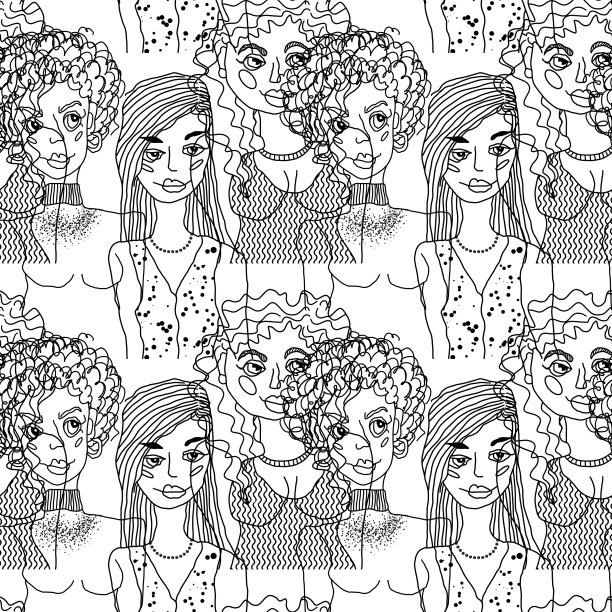 不同的女孩。黑白手绘线条艺术。图片下载