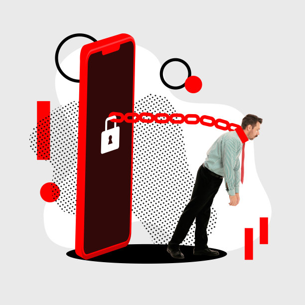 当代艺术拼贴。屏幕上有锁的巨大红色电话将试图逃离的年轻人绑在链子上。数字排毒。图片下载