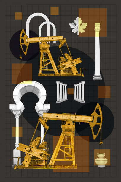 超现实的拼贴画。经典建筑和工业油泵。艺术概念海报，印刷，杂志封面。图片下载
