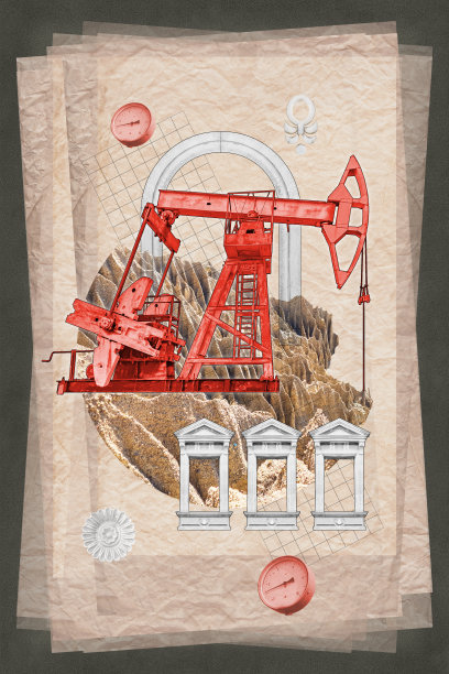 超现实的拼贴画。经典建筑和工业油泵。艺术概念海报，印刷，杂志封面。图片下载