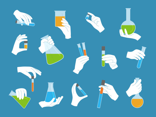 化工管道。手在手套拿医用烧瓶，化学瓶和不同的测量工具最近矢量平面图片。化学实验室说明图片下载