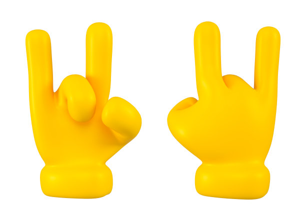 一组黄色的表情符号可爱的双手显示了一个孤立的岩石手势。酷符号、图标和符号概念。3 d渲染。图片下载