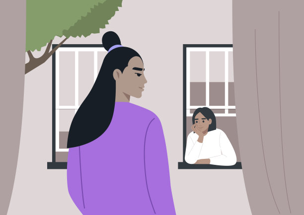 宁静的郊区相遇，一个宁静的时刻，两个邻居在沉默的交流，每个框在自己的窗户图片下载