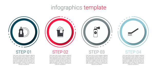 配有洗洁精瓶、泡沫桶、空气清新剂喷雾和清洁刷。业务信息图表模板。向量图片下载