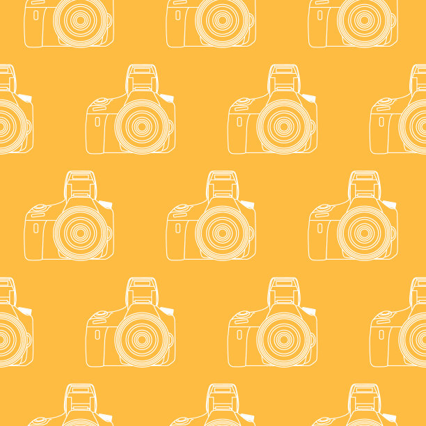 照片相机无缝图案白色在一个金色的背景。图片下载