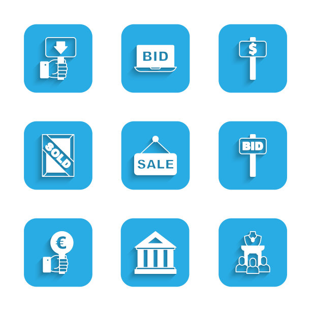 设置价格标签与销售，博物馆建筑，拍卖珠宝销售，手持拍卖桨，绘画出售，和图标。向量图片下载