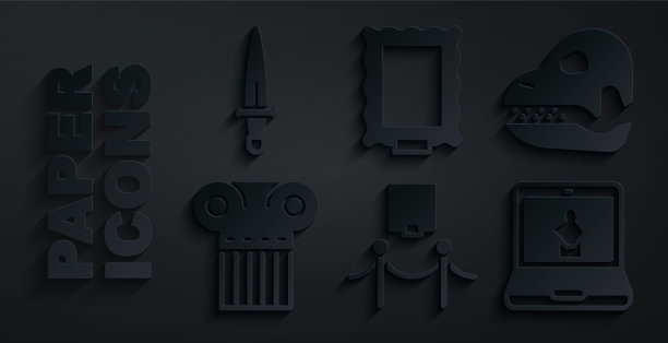 集图片和绳屏障，恐龙头骨，古代柱，在线博物馆，和匕首图标。向量图片下载