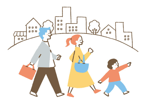 一家三口在background_Color的城镇景观中散步图片下载