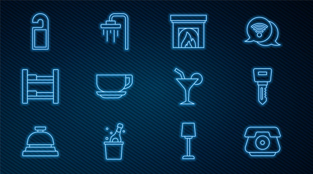 固定电话听筒，酒店门锁钥匙，室内壁炉，咖啡杯，房间床，请勿打扰，鸡尾酒和淋浴图标。向量图片下载