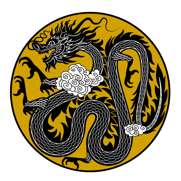 黑色轮廓的蛇形中国龙在平面线性风格的圆形框架在黄色背景图片下载