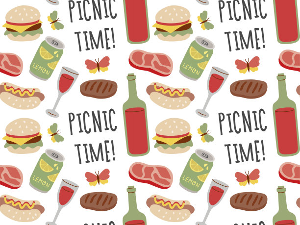 夏季和春季野餐无缝图案。红酒、牛排、汉堡、热狗。食物和饮料矢量插图。图片下载