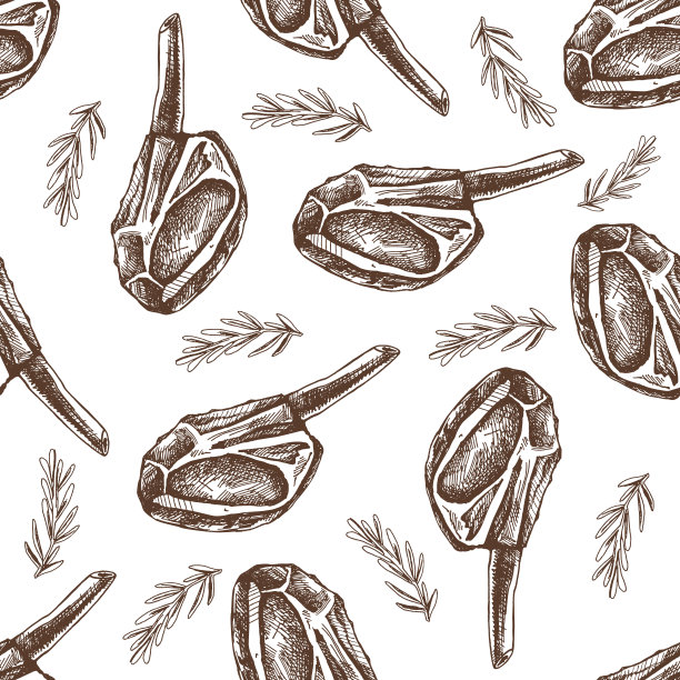 手绘矢量无缝模式的牛排迷迭香，一块肉在骨头上。涂鸦复古素描插图。咖啡馆菜单和标签的装饰。雕刻的形象。图片下载