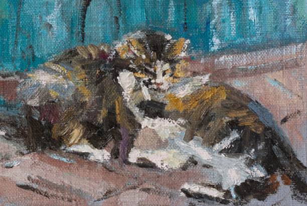 猫斗油画。图片下载