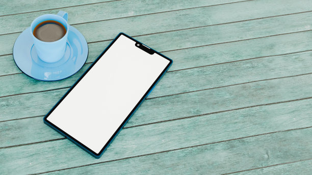 蓝色木桌与智能手机旁边的咖啡杯，科技和休息的主题，3d渲染图片下载