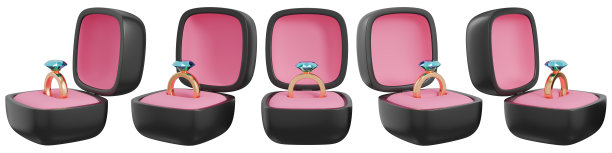 打开黑盒子，将订婚戒指放在不同的位置。镶钻石的结婚戒指。3D渲染集。图片下载