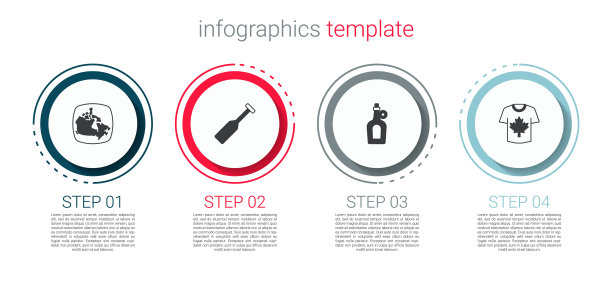设置加拿大地图，球拍，瓶枫糖浆和曲棍球运动衫。业务信息图表模板。向量图片下载