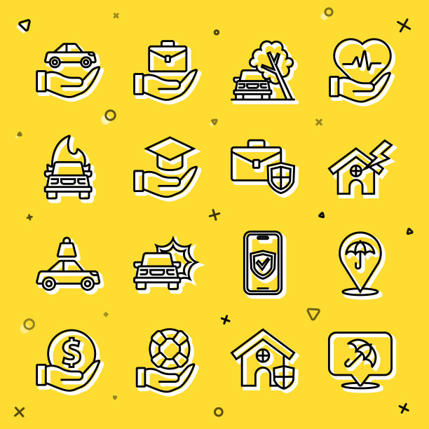 设置线伞，房子和闪电，汽车被倒下的树损坏，教育补助金，燃烧的汽车，保险和公文包的盾牌图标。向量图片下载