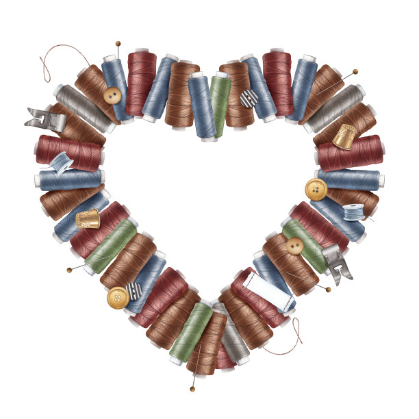 多种颜色的缝纫线和缝纫配件。针、大头针、纽扣、压脚。心形的线轴。缝纫和针线活的概念。水彩插图图片下载