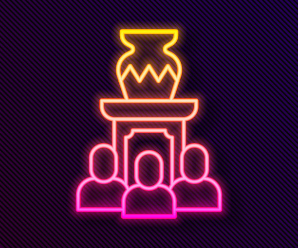 发光的霓虹线拍卖古代花瓶图标孤立的黑色背景。拍卖竞标。卖家和买家。向量图片下载