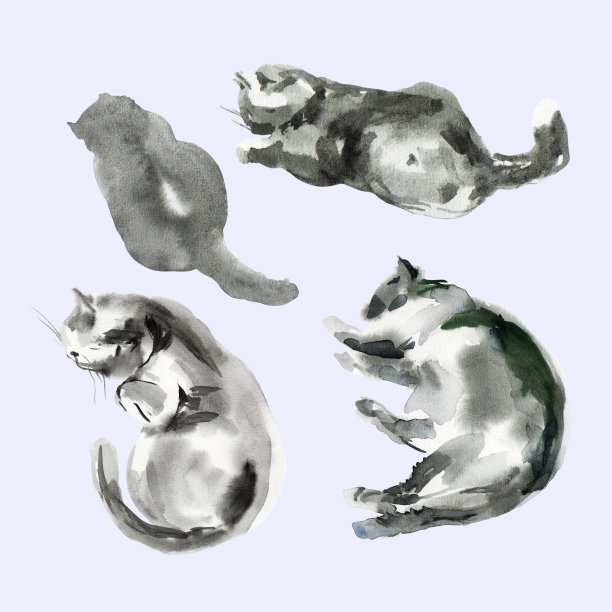 一套抽象的猫素描，动物印花污渍，美丽的形状，柔和的调色板。水彩插图睡觉，躺着，玩宠物图片下载