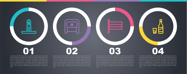 设置线斯拉夫异教徒偶像，乌尚卡，俄罗斯国旗和伏特加酒瓶与玻璃。业务信息图表模板。向量图片下载