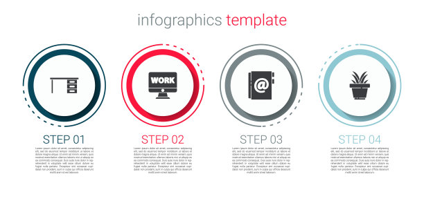 设置办公桌，显示器与文本工作，地址簿和植物在锅。业务信息图表模板。向量图片下载