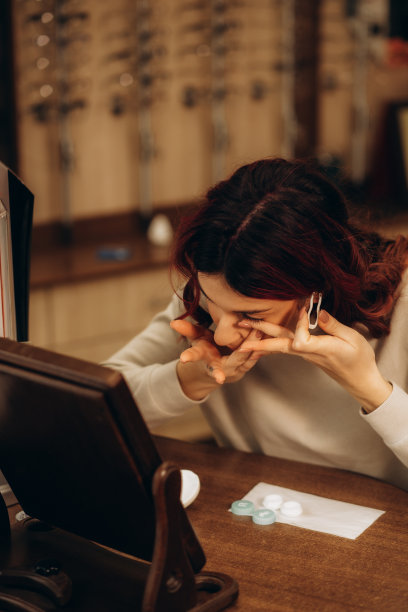 女孩在镜子里试隐形眼镜。兴奋的女人第一次尝试隐形眼镜图片下载