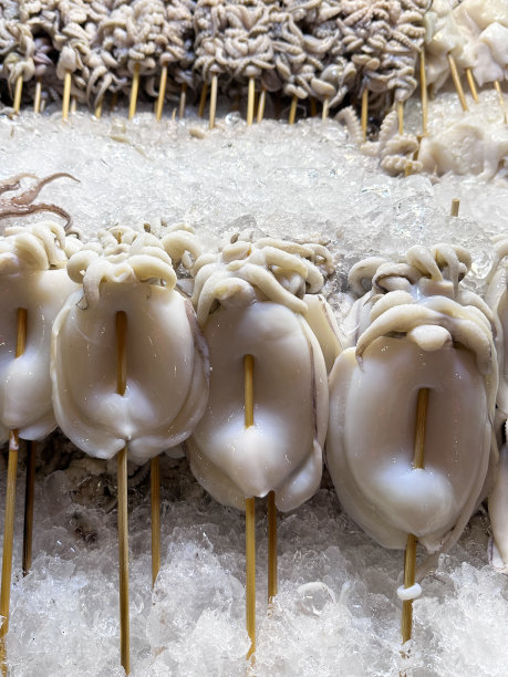 鱼贩展示在碎冰中保鲜的海鲜的特写图片，小章鱼和墨鱼被准备成串，一排排堆放在竹串上，高架视图，聚焦于前景图片下载