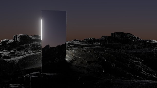 三维插图镜面火山景观在夜间沙漠图片下载