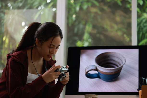 一位年轻的女工匠拿着相机在社交网络上拍摄手工瓷杯的照片。图片下载