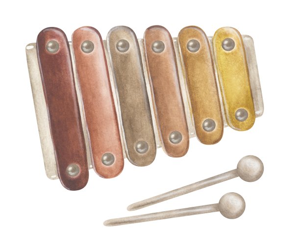 木琴水彩插图。手绘剪贴画在白色孤立的背景。画婴儿玩具钢琴在波西米亚彩虹色。儿童衣服上的乐器画图片下载