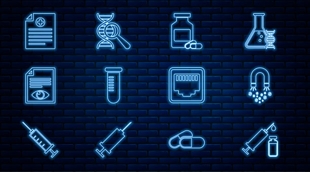 集线医疗注射器和小瓶，磁铁带钱，药瓶药丸，试管或烧瓶，纸页眼，临床记录，网络端口电缆插座和DNA研究，搜索图标。向量图片下载