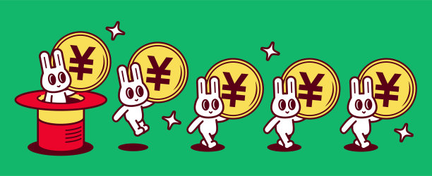 一群可爱的兔子从魔术帽里蹦出来，各自拿着大钱币排队走图片下载