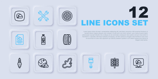 设置线赛车交通灯，头盔，氧化亚氮，发动机活塞，扳手扳手和轨道图标。向量图片下载