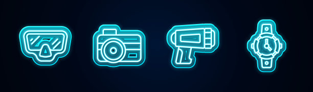潜水面罩，潜水相机，手电筒，手表。发光的霓虹灯图标。向量图片下载