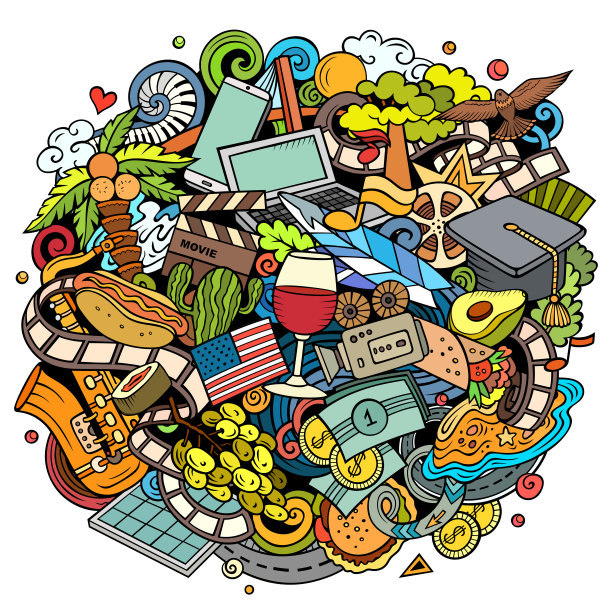 加州手绘卡通涂鸦插图。有趣的美国设计。图片下载