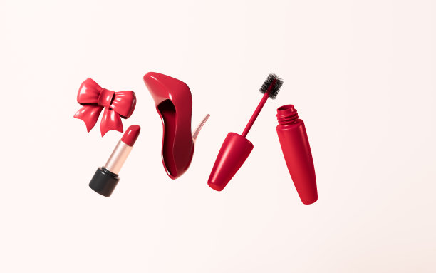 红色高跟鞋和化妆品，女性产品，3d渲染。图片下载