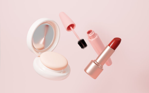压粉、睫毛膏霜、口红等彩妆工具，3d渲染。图片下载