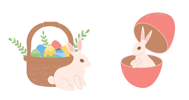 复活节兔子和篮子和鸡蛋。在白色背景上孤立的兔子。矢量平面插图图片下载