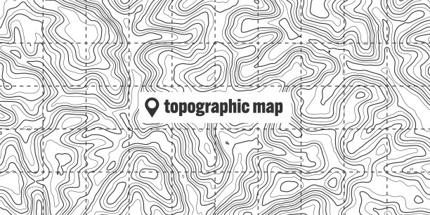 有等高线的地形图。地理地形网格化，地势起伏高程。地面路径模式。旅游导航、制图设计元素。矢量图图片下载