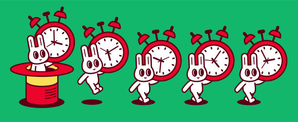 一群可爱的兔子，各自拿着闹钟，不断从魔术帽里跳出来并排成直线行走图片下载