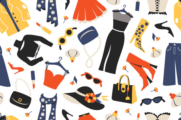 时尚服装无缝花纹。时尚的女性服装、配饰。靴子，裙子，围巾，裤子，上衣，夹克。矢量插图墙纸，纺织品，印刷，广告，陈列室，商店图片下载