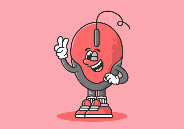 双手组成和平标志的电脑鼠标人物插画（红色系）图片下载