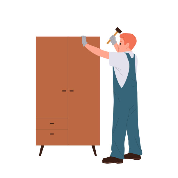 工人卡通人物组装木制衣柜使用锤子孤立在白色背景图片下载